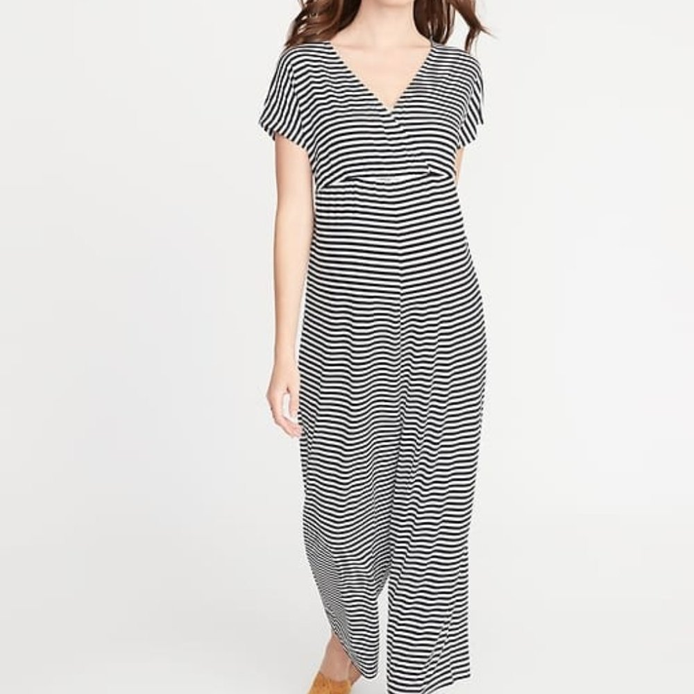 Maternity Cross-Front Jersey WHITE BLACK STRIPES Jumpsuit SIZE S NWT